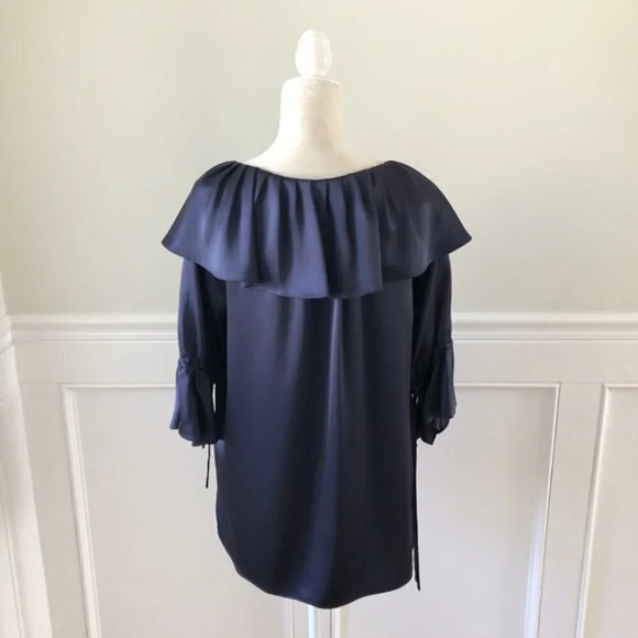 Osman Navy Frilled Blouse Satin Blue Medium - Picture 6 of 7
